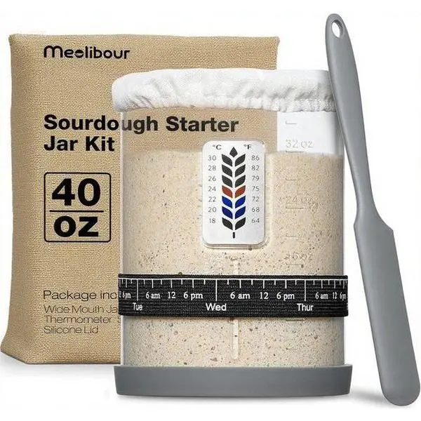 40 oz Wide Mouth Glass Sourdough Starter Container with Marked Feeding Band - Baking Supplies, Includes Thermometer, Scraper, Cloth Cover, Silicone Lid/Base - Reusable, Durable for Fermenting