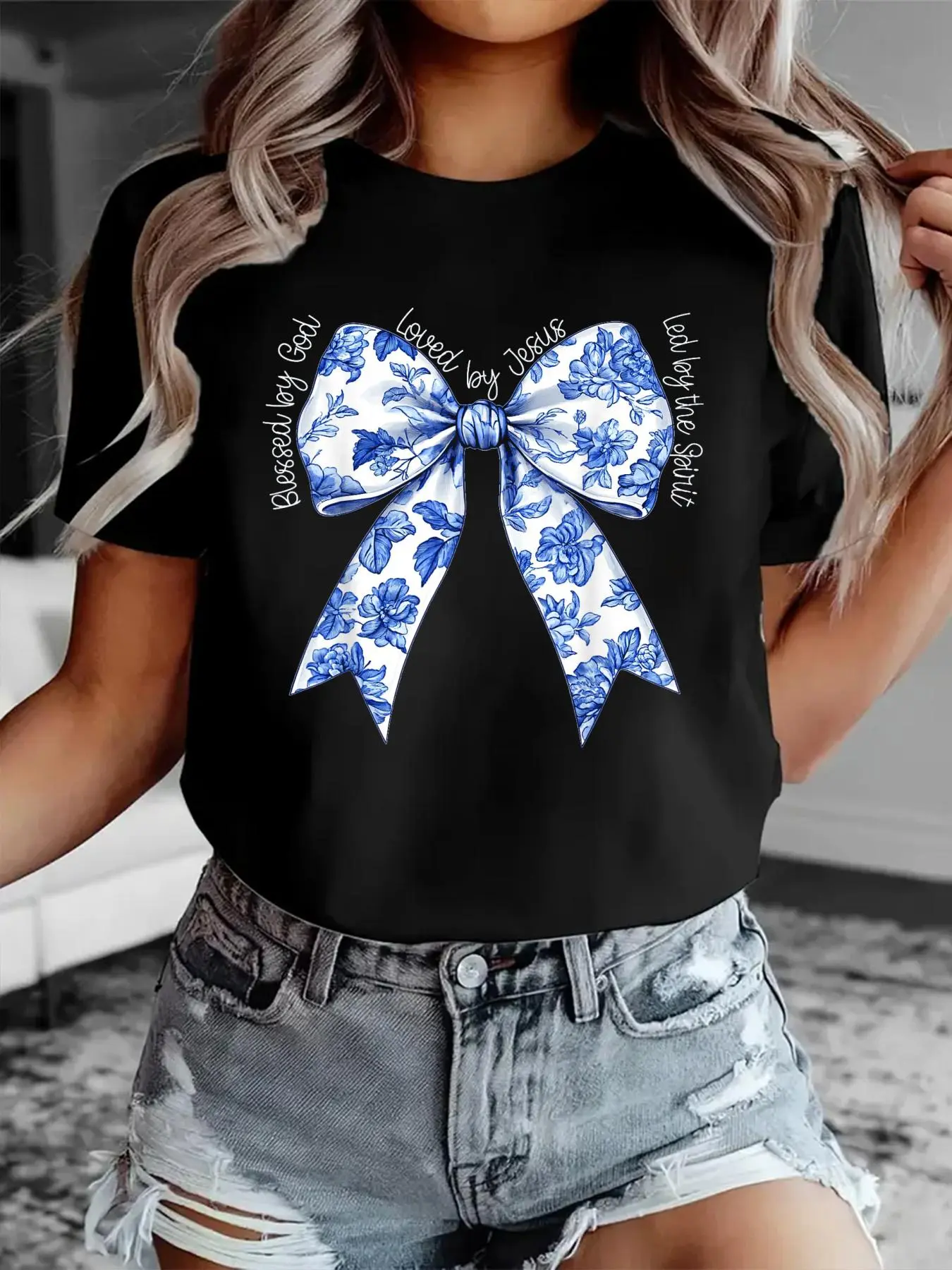 Blessed By God Loved By Jesus Blue Toile Coquette Bow T-Shirt Print T-Shirt Casual Crew Neck Short Sleeve Comfort Tee Top For Spring & Summer Women's Clothing