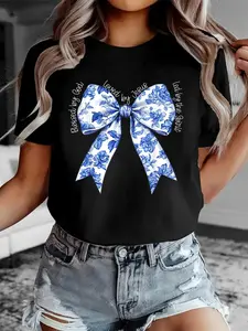 Blessed By God Loved By Jesus Blue Toile Coquette Bow T-Shirt Print T-Shirt Casual Crew Neck Short Sleeve Comfort Tee Top For Spring & Summer Women's Clothing