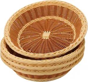4 Pack Wicker Baskets, 11.5 Inch Woven Bread Baskets Round Imitation Rattan Fruit Baskets, Woven Food Serving Basket for Family Party Kitchen Restaurant Outdoor, Brown & Beige