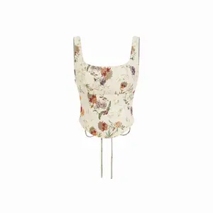 Cider Scoop Neckline Floral Lace Up Crop Tank Top