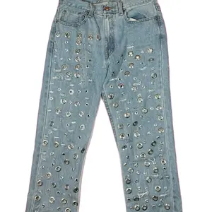 Grommet Custom Jeans for Women - Embellished Design with Metal studs, Light Blue Color, Ideal for Casual Wear - Bottom, Womenswear Streetwear Denim Pants