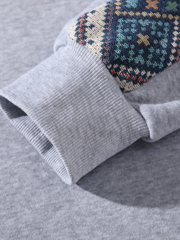 Thick Knit Men's Half-Zip Hoodie with Patchwork Contrast Color Design - Retro Ethnic Style, Fitted Silhouette, Warm & Cozy for Fall Outfits