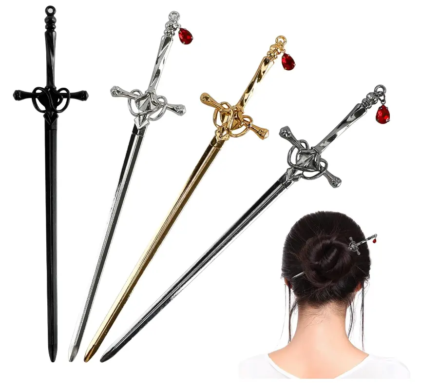 Ancient Style 4-Branch Sword Hairpin - Sturdy Chinese Floral Motif Hair Accessory for Wedding Ceremony, Straight and Curly Long Hair Bun Chopsticks, Lady's Photography Gift (Sports & Outdoor Accessory Compatible)