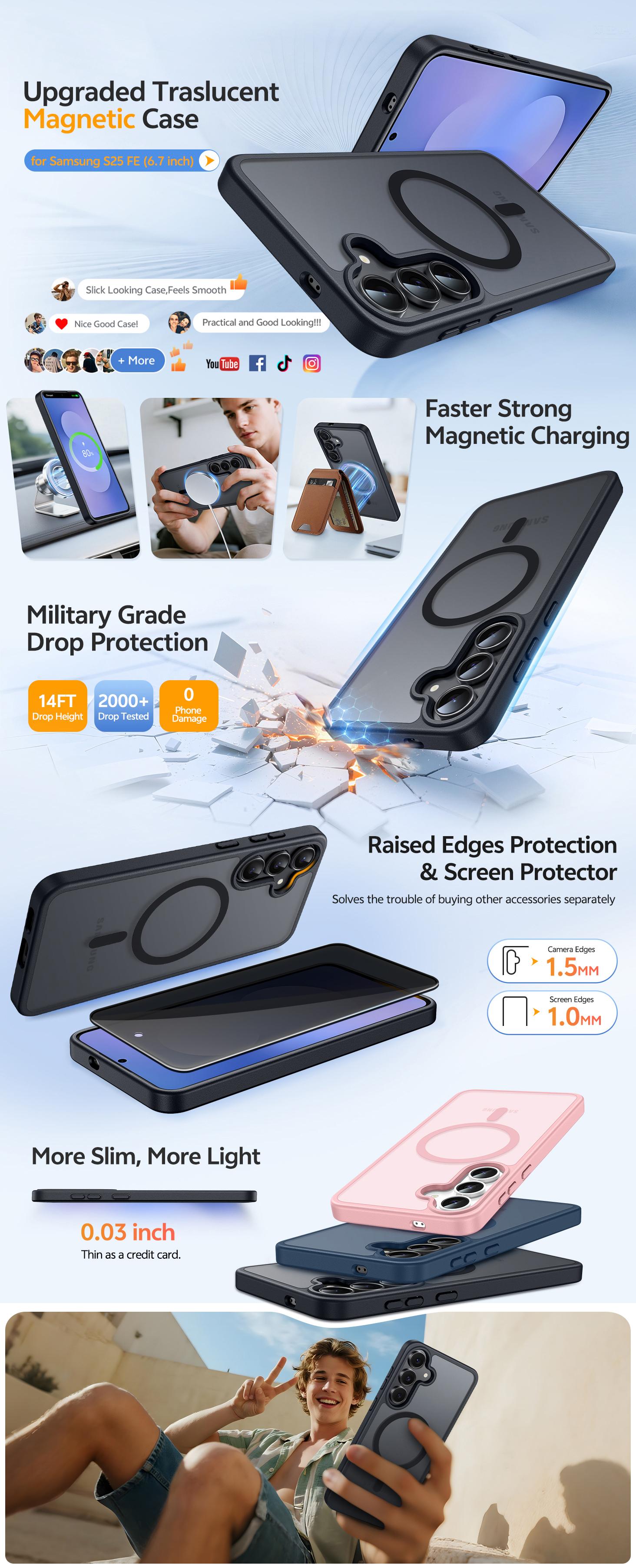 Magnetic for Samsung Galaxy S25 FE Case Matte, with Privacy Tempered Screen Protector,  S25 FE Phone Case Compatible with MagSafe Frosted Translucent Shockproof Anti-Scratch Slim Fit Case Military Grade Protection (Black)