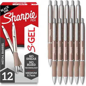 Sharpie SGel Gel Pens Drawing Pens Gel Ink For Journaling Writing Medium Point (0.7Mm) Sleek Metal Barrel Black Ink 12 Count