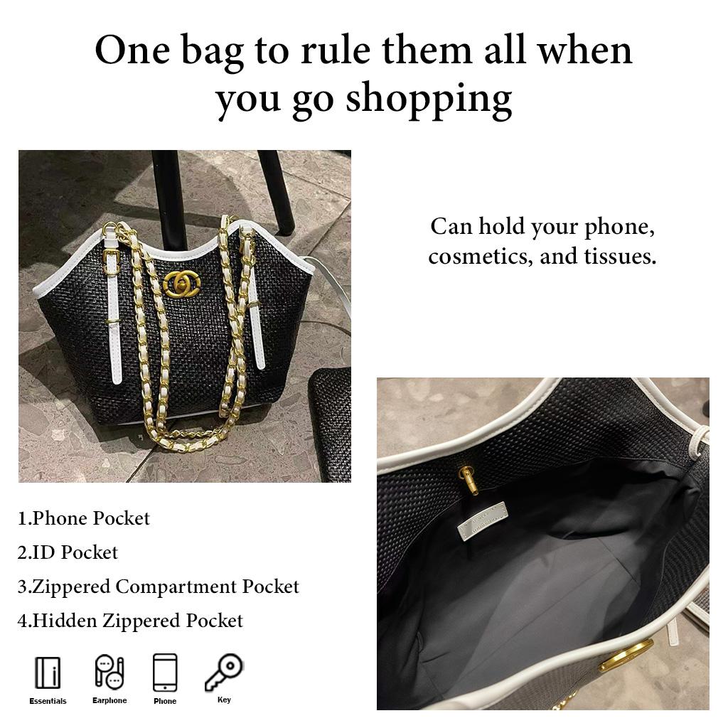 Women's Woven Straw Tote, Black Trim Quilted Design, Perfect Summer Purse, Elegant Chain Handbag, Spring Summer