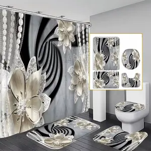 1/4pc Diamond Flower Pattern Shower Curtain Set, includes non-slip mat, U-shaped rug, and toilet seat cover. Perfect for bathroom decoration, partitioning, and beautifying the space. Comes with 12 shower curtain hooks.