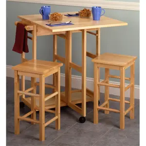212 MAIN Solid Wood Dining Table Set - Beech Wood Drop-Leaf Table with 2 Square Stools, 2 Drawers, on Wheels