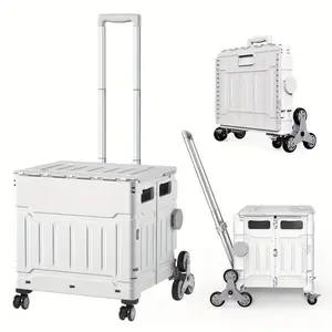Foldable Utility Cart – Portable Rolling Crate with 360° Wheels, Detachable Lid & Telescoping Handle. Collapsible Trolley for Travel, Office, Groceries & Storage.