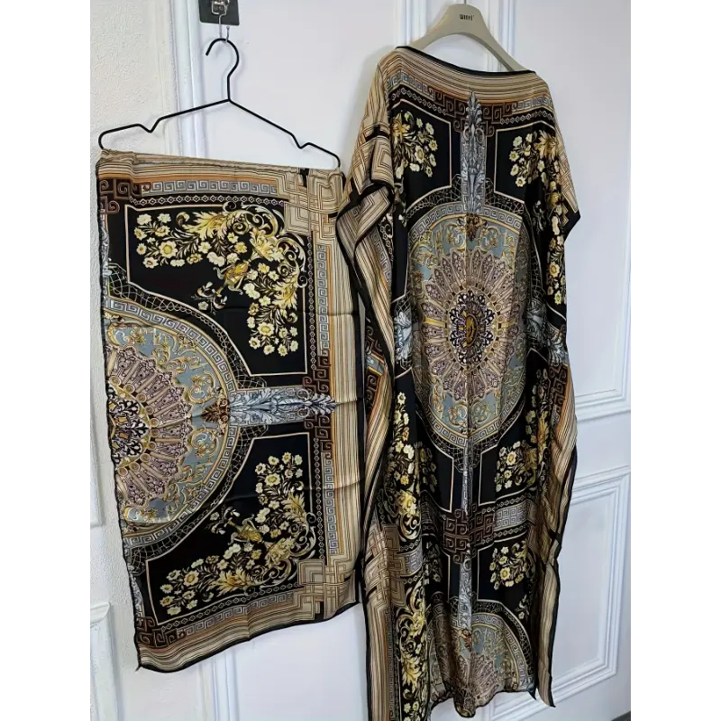 Bohemian style Modest Polyester Short Sleeve Kaftan Abaya - Elegant Floral & Paisley Print Maxi Dress with Belt Detail, Crew Neck, Perfect for Spring/Summer/Fall - Women's Ramadan Fashion