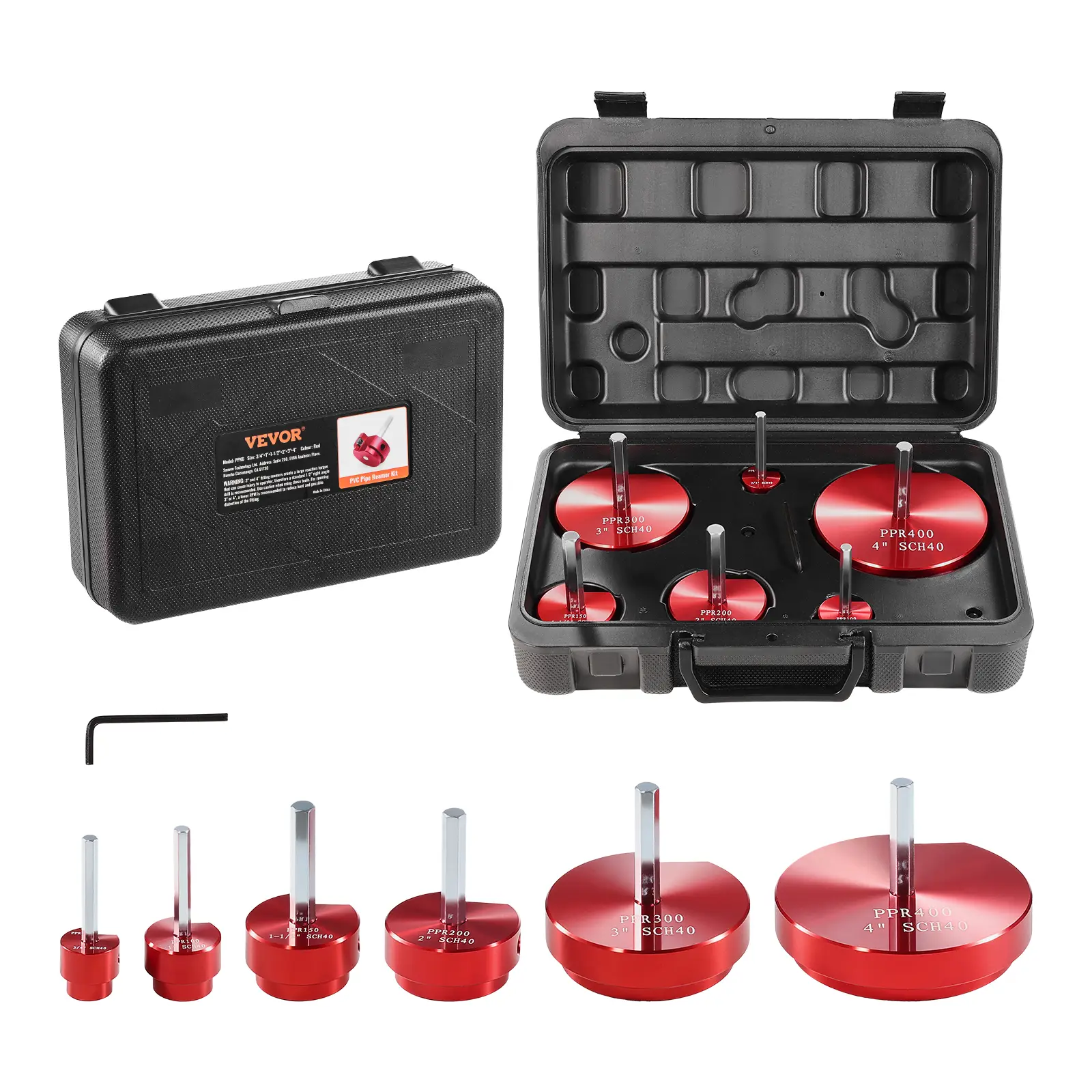 VEVOR PVC Pipe Reamer Kit, Aluminum Alloy, PVC Pipe Fitting Reamer Plumbing Tools Kit, PVC Socket Saver for SCH 40, Contains 3/4", 1", 3/2", 2", 3", 4