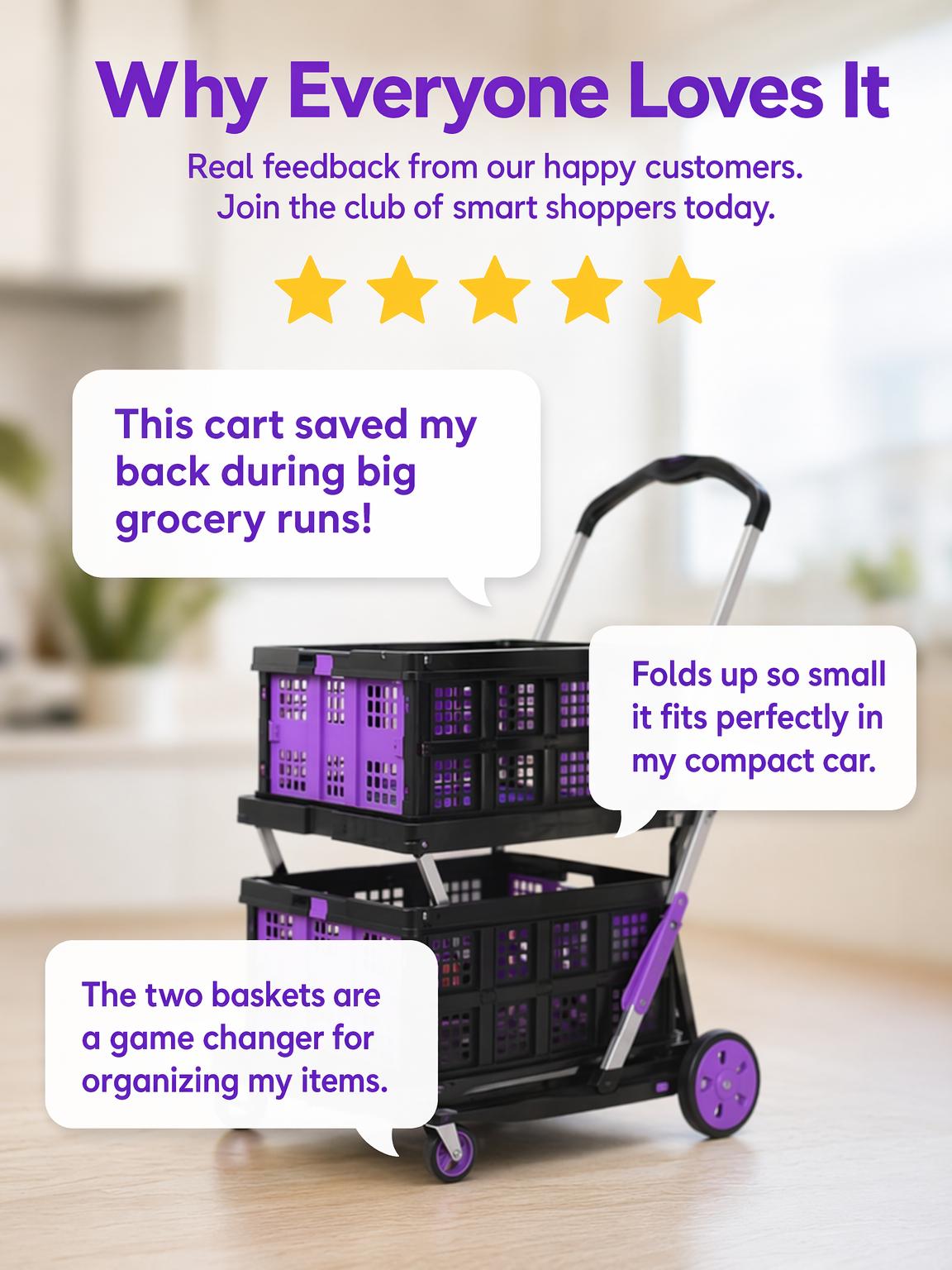SCITOO Multi-Use Functional Collapsible Trolley with Transport Wheels, Removable Storage Crate - 2 Crates Included, Adjustable Lightweight Purple Cart for Home, Grocery - Convenience & Stockup Solution