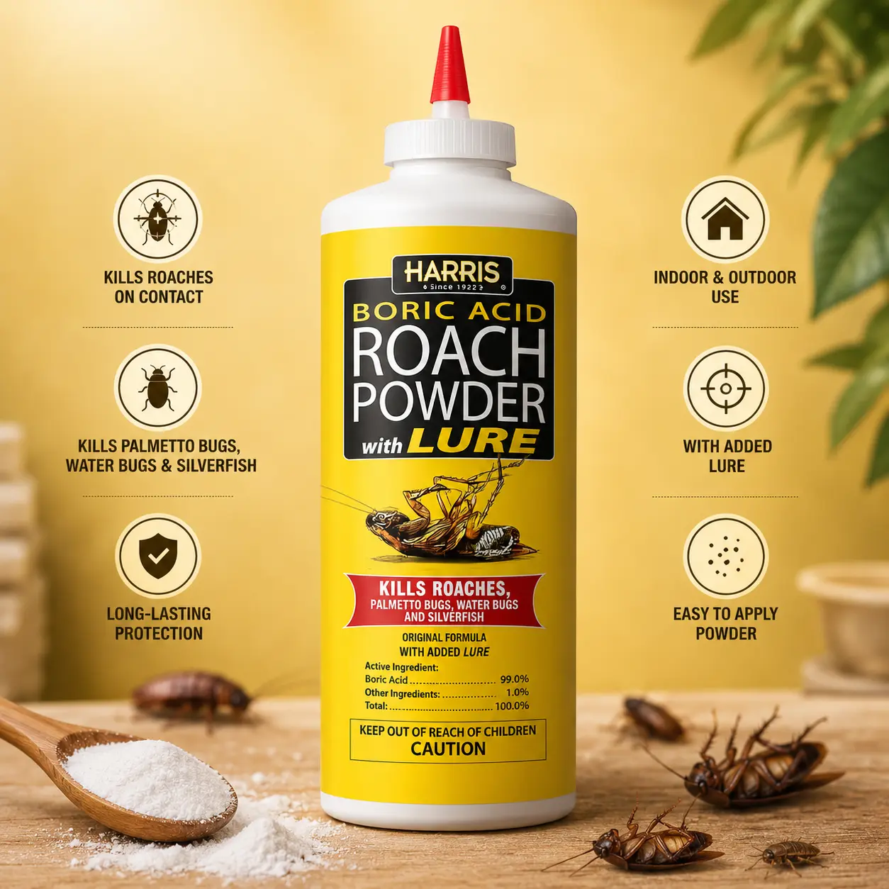 99% Boric Acid Powder Cockroach Killer Bottle - 16 oz Cockroach Exterminator with Lure, Long-Lasting Pest Control Agent, Insect Capture Solution for Indoor Home Residential Pest Control