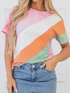 Womens Casual Summer Vibe Pink Patchwork Color Block Short Sleeve Round Neck Shift T-Shirt Daily Top