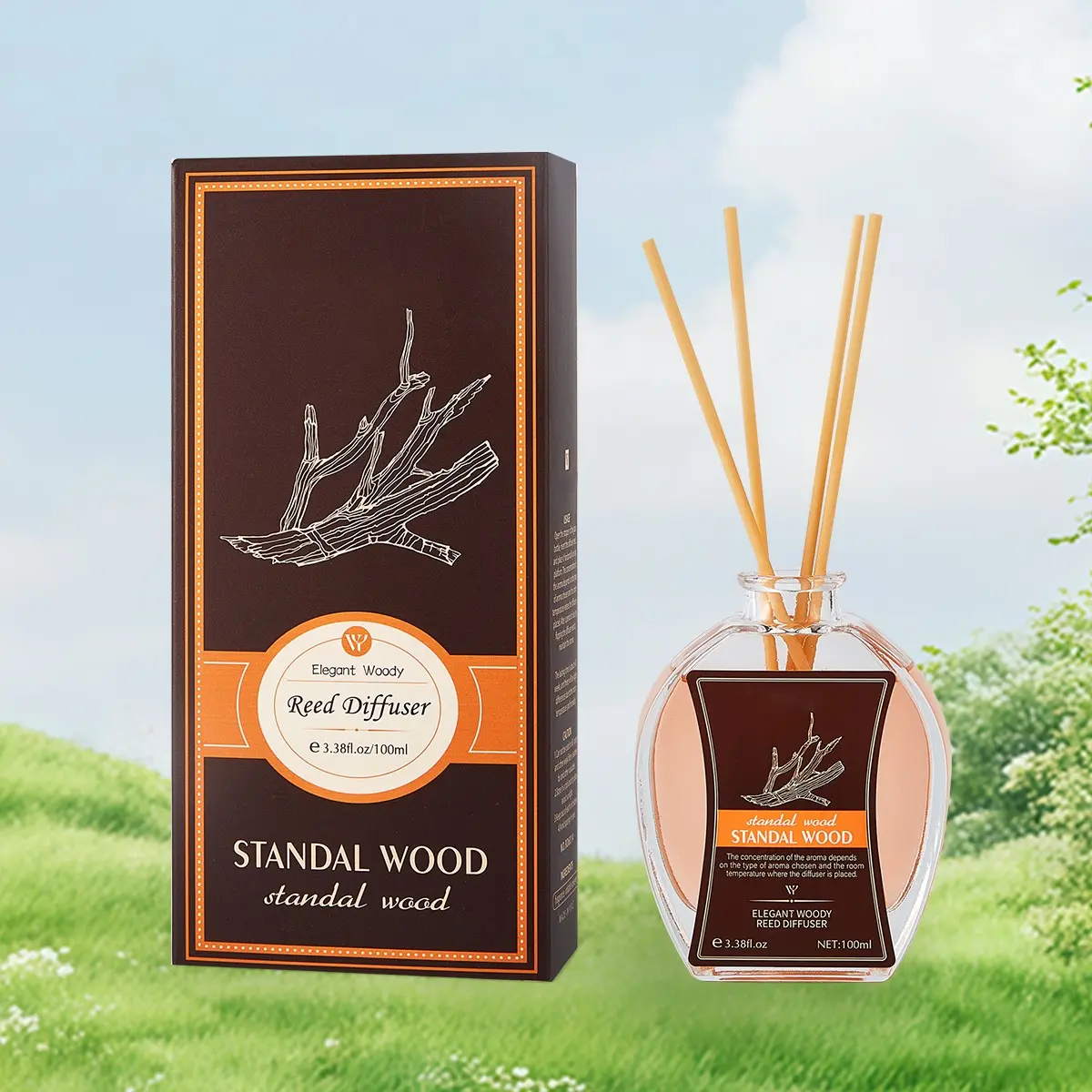 100ML Sandalwood Reed Diffuser, Cozy Woody Scent, Flame-Free, Long-Lasting, Ideal for Bedroom, Office, Bathroom, Perfect Gift