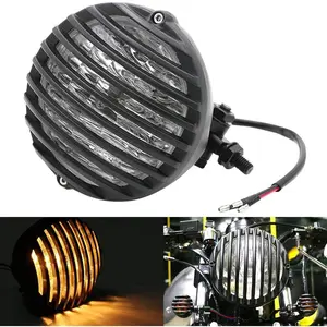 5.5 Inch Universal Motorcycle Headlight Retro Grill Single Round 12V 55W Halogen Headlamp Bulb for Harley Honda Suzuki Chopper Bobber (Black)