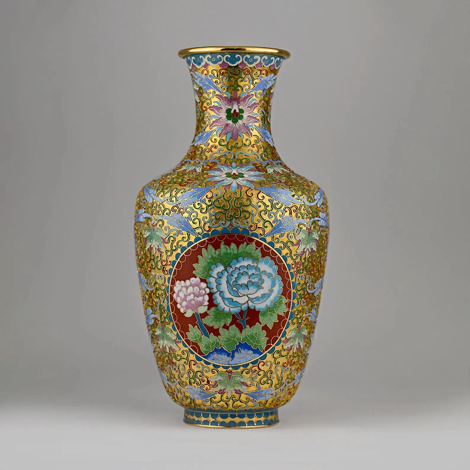 Handmade Cloisonné Vase | 15” Red & Gold Chinese Floral Enamel Art | One-of-a-Kind Collectible Decor | Artisan Champlevé Vase