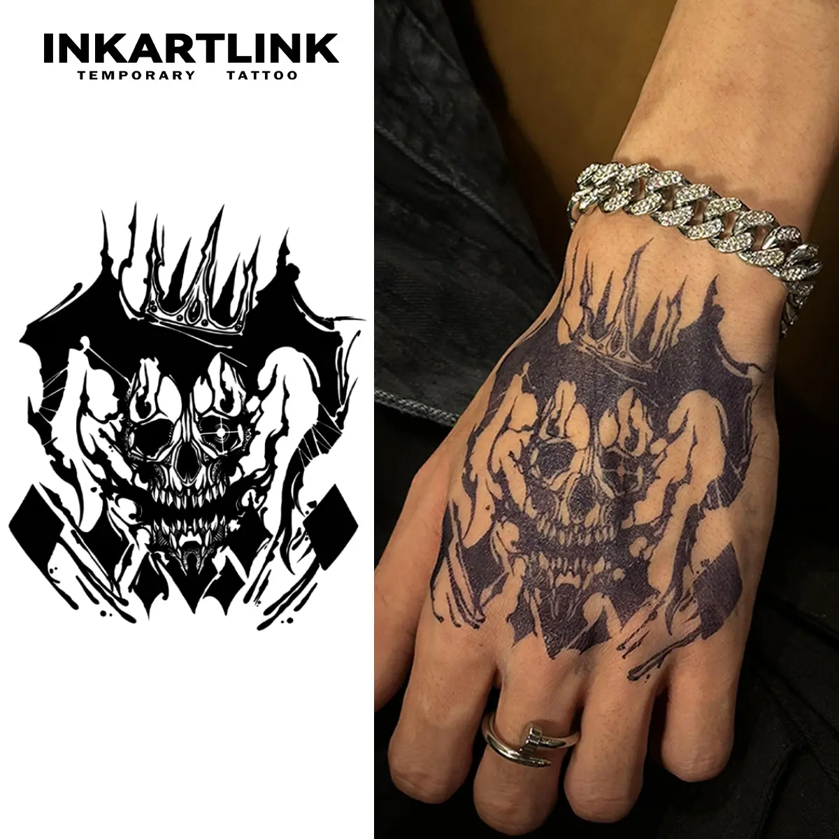 INKARTLINK Tattoo Tech, 2 Sheets Large Semi Permanent Tattoo, Adult Art Design Temporary Tattoos, Lasts 1-2 Weeks, Waterproof, Realistic Look, No Adhesive, No Reflection (Joker King Design)