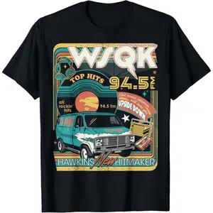 S-Stranger Things Season 5 WSQK Hawkins New Hitmaker Retro T-Shirt Cotton Quality Printed Crew Neck T-Shirt Adult Men's and Women's Christmas Day Gift Birthday Gift Black Top Casual Fit Soft Everyday