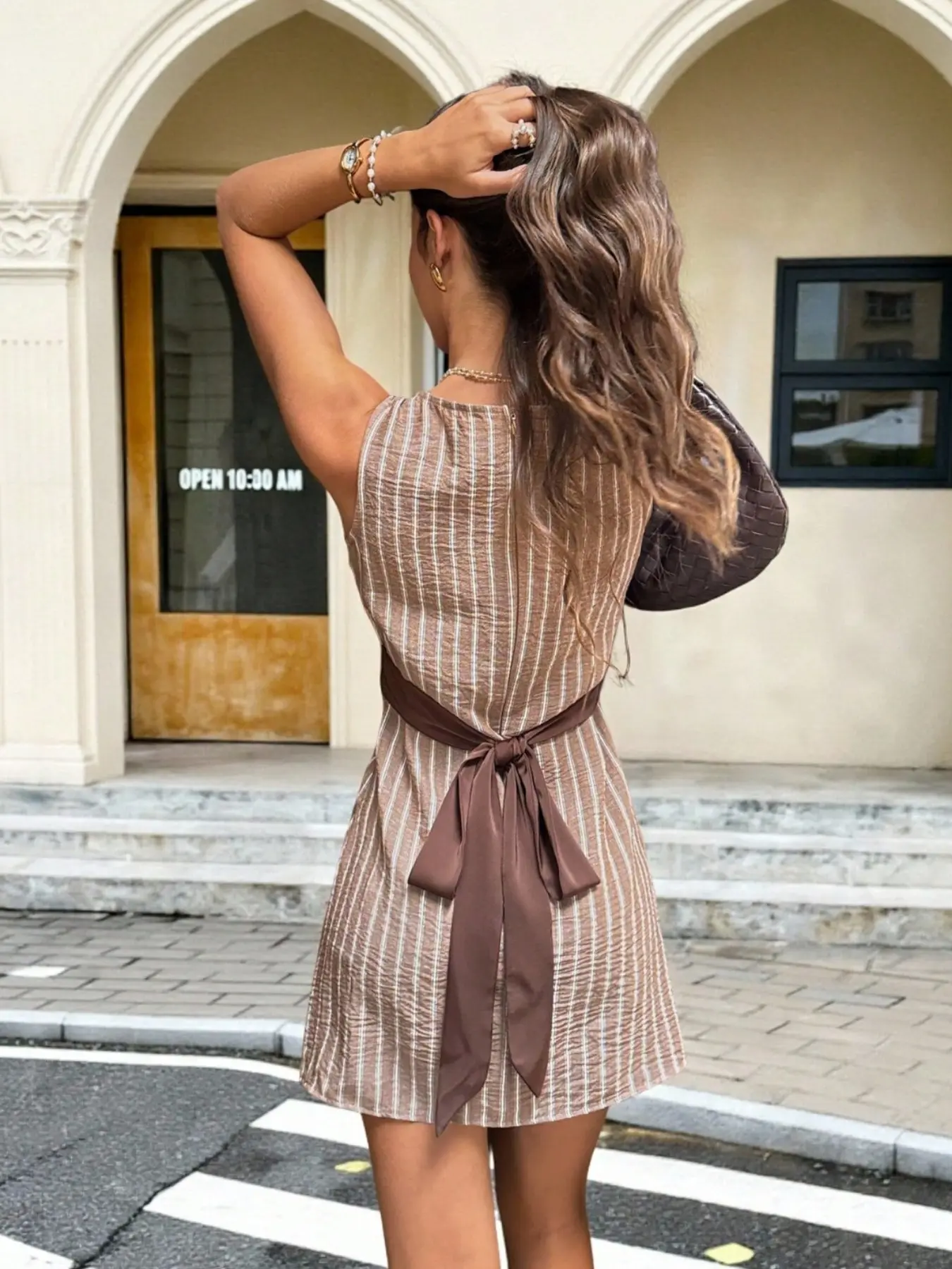 Women's Casual Striped Sleeveless Mini Dress, Summer Dress, Tie Back Bow, Waist Cinch, Linen Fabric Material, Chic, Perfect for Daily Wear