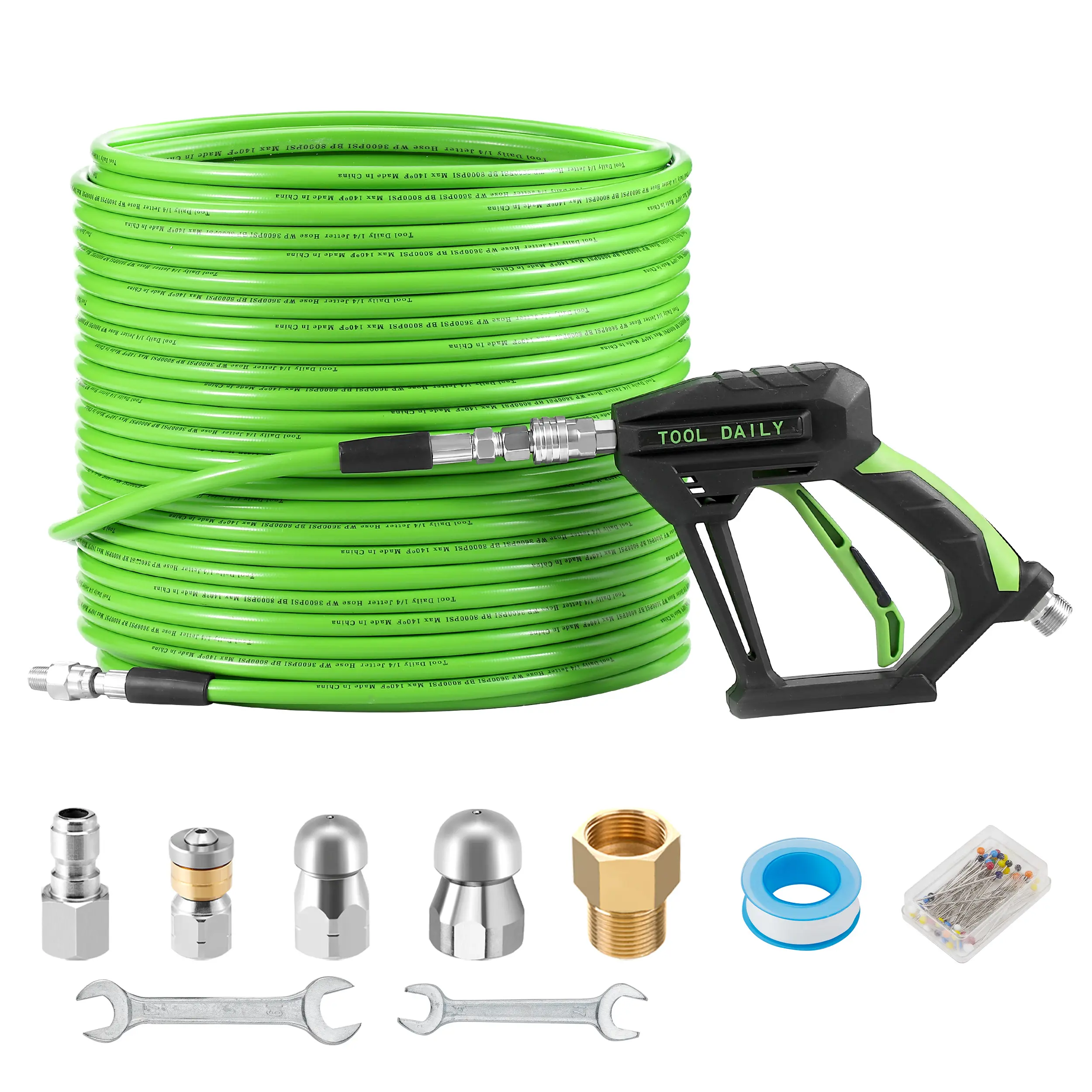 Tool Daily Pressure Washer Sewer Jetter Kit for Toilets, Gutters, Sinks - 150ft 1/4 Inch NPT Drain Cleaner Hose, Short Power Washer Wand, Corner Rotating Nozzle, Button Nose Jetting Nozzle, 3600 PSI, Box of Fine Needles
