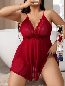 Plus Size Sexy Lace Lingerie Set Patchwork Intimate Nightwear