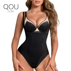 QOU Breathable Mesh Fabric Compression Thong Bodysuits Chic Adjustable Straps Smooth Bottom for Everyday Comfortable Basic Womenswear Black Elastic Minimalist Romper Nylon Spandex Overall Romper