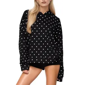 Women Polka Dot Hoodie Oversized Fleece Hooded Sweatshirt Long Sleeve Drop Shoulder Graphic Print Hoodies with Pocket Preey Teen Giels Loose Shirt