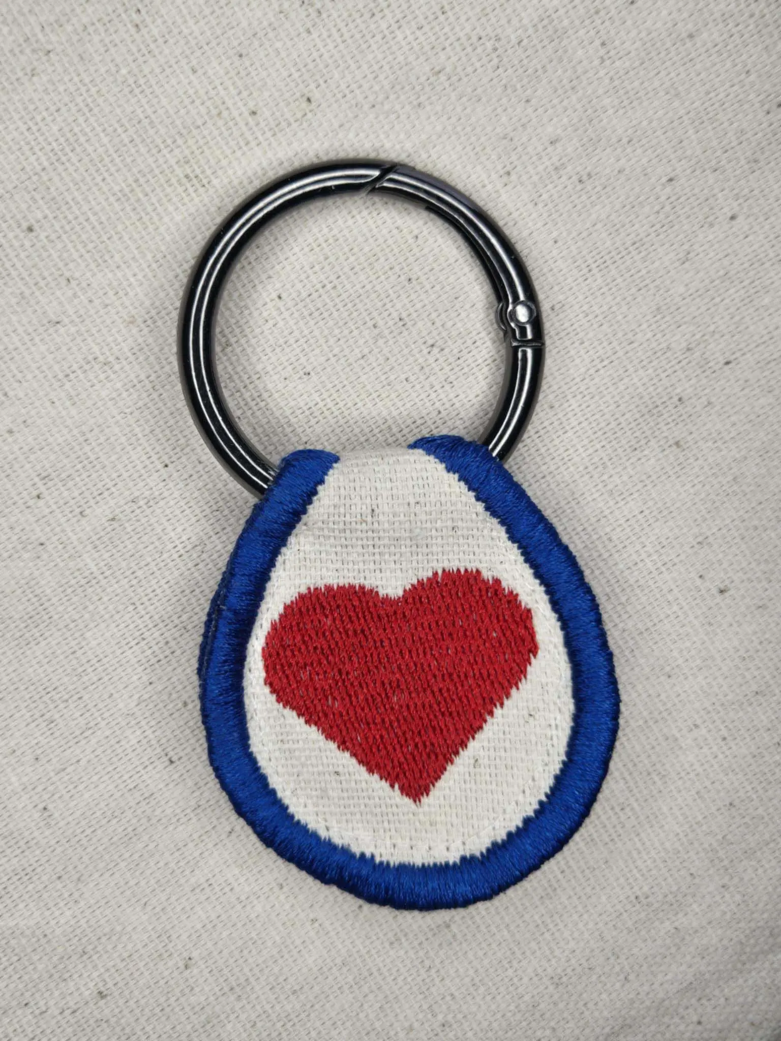 Red Heart with Blue Border - Double Sided Patch Keychain, Bag Decoration, Zipper Pull, Carabiner