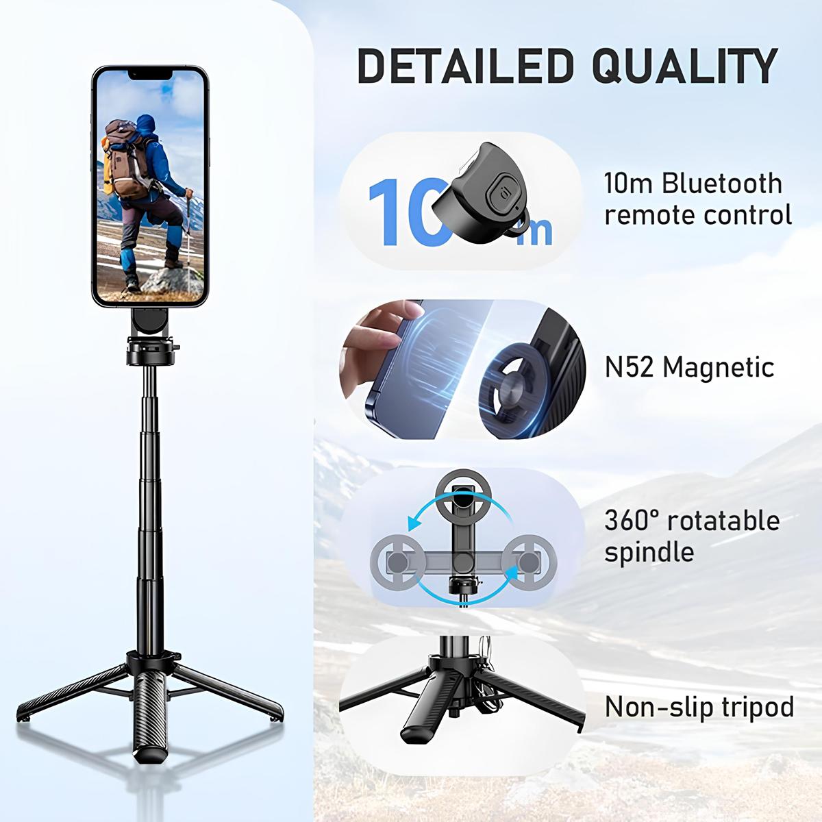 Magnetic Pocket Selfie Stick, 3-in-1 Magnetic Selfie Stick for iPhone & Android, with Rechargeable Remote, Portable Extendable Tripod Stand for Home, Travel, Vlogging & Video Recording