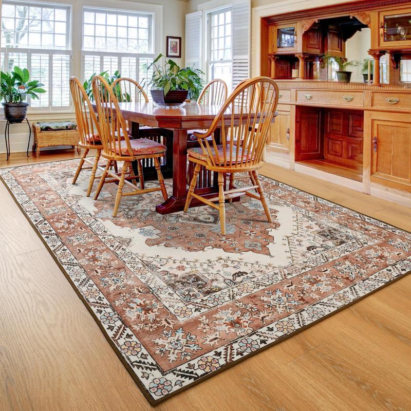 9x11 Feet Orang Machine Washable Vintage Area Rug Non-Slip Low Pile Large Rug For Living Room, Bedroom, Farmhouse, Dining Room, 5x8, 7x10 Feet