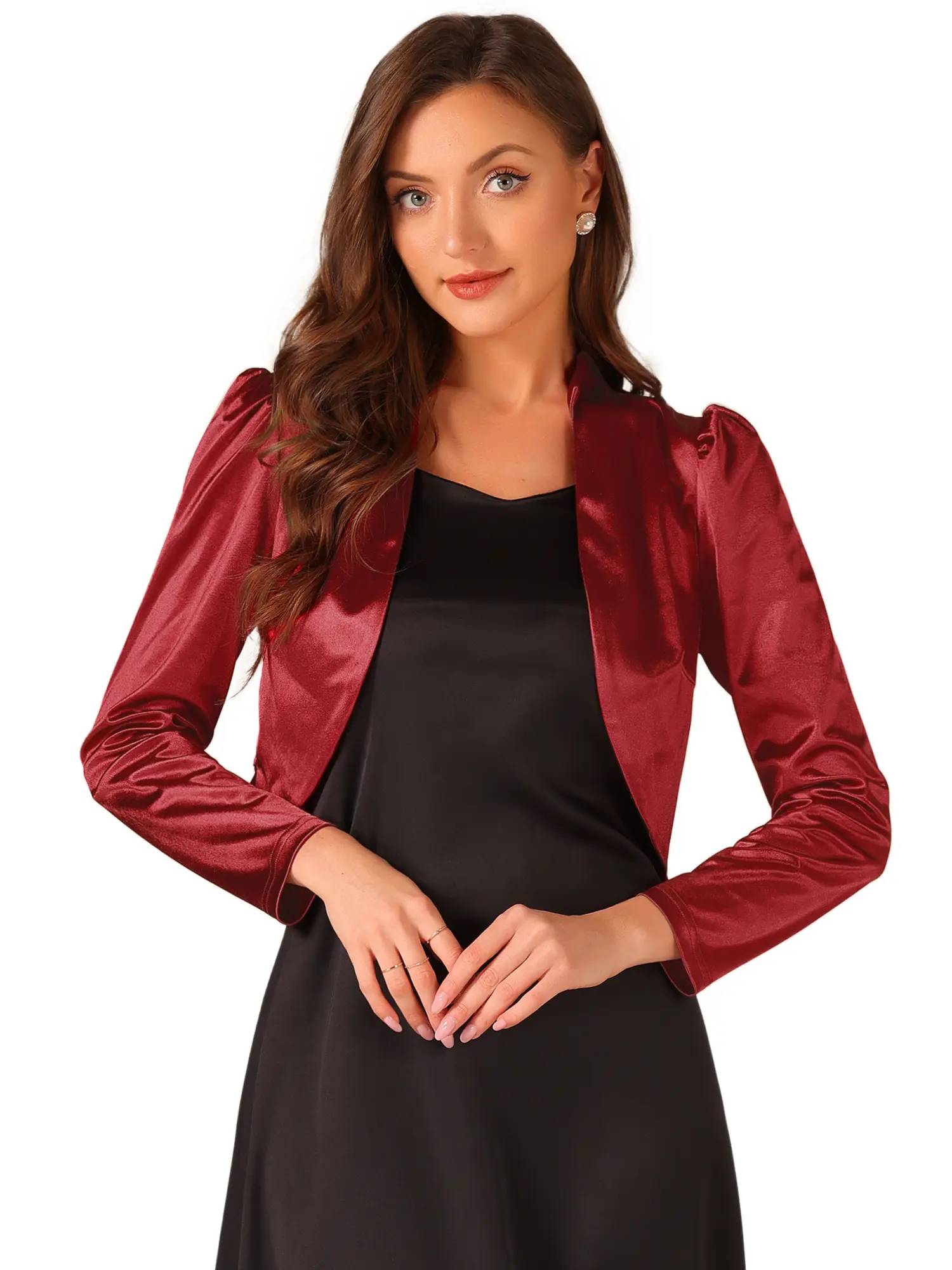 INSPIRE CHIC Satin Open Front Ruched Long Sleeves Cropped Bolero Shrug
