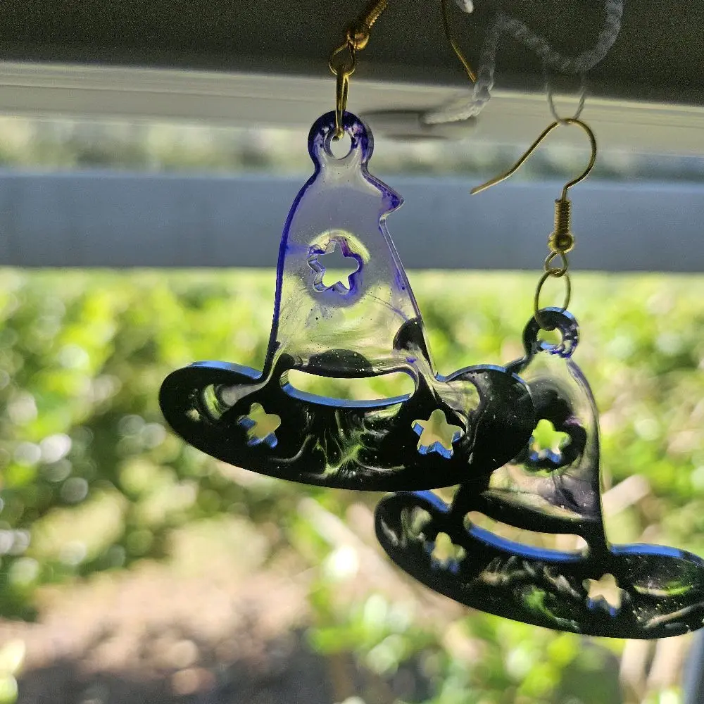 Epoxy Resin Witch Hat Earrings with Star Cutouts and Gold Hooks for Halloween Accessories
