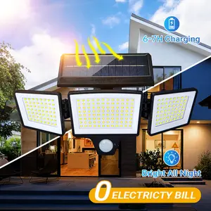 Solar Motion Sensor Outdoor Light, 3-Head 300 LED Security Floodlight with Remote Control, IP65 Waterproof Adjustable Wall Lamp, Solar Powered Exterior Light for Garden, Garage, Yard, Porch, Driveway