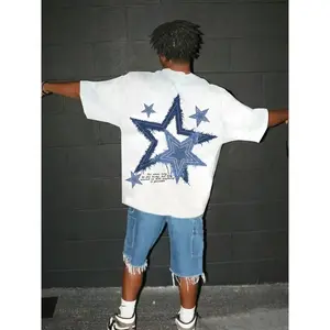 Men’s summer street-style denim short-sleeve T-shirt, casual fitted design with star patchwork print, fall and winter fashion