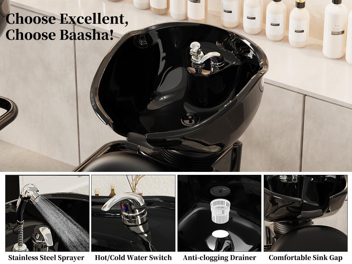Baasha Professional Shampoo Chair and Bowl Set | Adjustable Hair Wash Station with Neckrest | Memory Foam Soft Cushion Head Spa Chair | All-In-One Accessories Included | Ergonomic & Modern Design Salon Equipment | Shipped in 2 Packages for Safety
