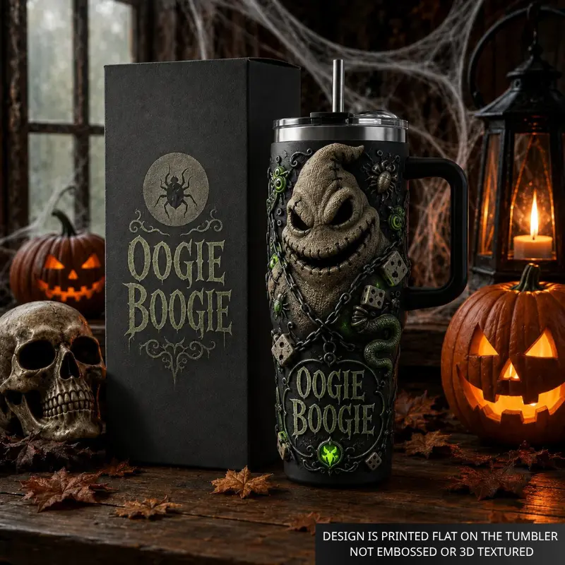 Oogie Boogie Halloween 40oz Tumbler with Handle, Stainless Steel Insulated Travel Mug with Straw, Spooky Gothic Pumpkin Cup, Double Wall Horror Drinkware, Oogie Boogie Fan Gift