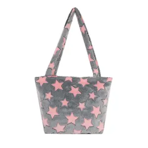 Plush Star-Patterned Tote Bag Soft Large Capacity Portable Lightweight for Daily Use School Work