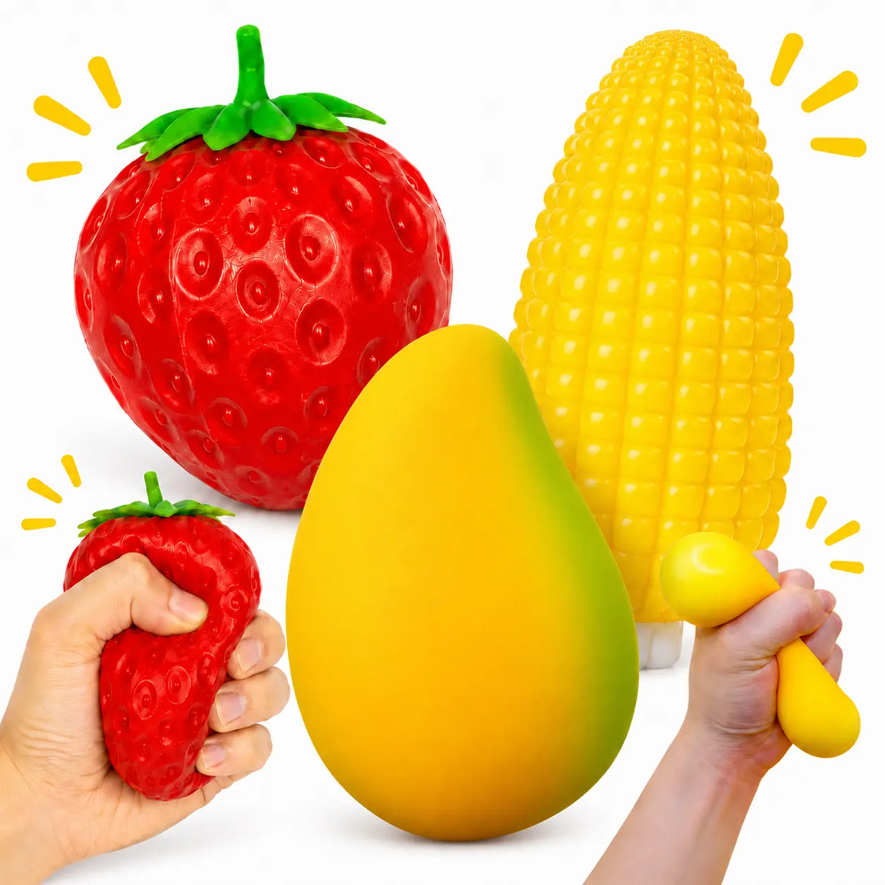 Squishies Pack - Jumbo Strawberry, Mango, Corn Huge Squishies, Slow-Rising Sensory Stress Relief Fidget Toys for Kids 3+ Years & Adults, Sensory Products