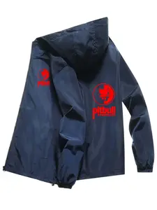 Men's Fashionable Pitbull Letter Print Jacket, Casual Hooded Design, Zipper Pockets, Polyester Material, Spring & Fall Wear