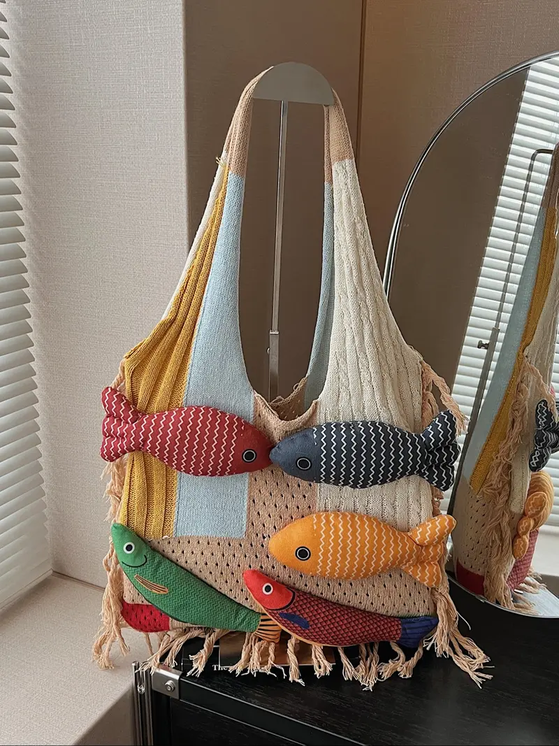 Stylish Rainbow Color Women's Knitted Bag with Colorful Fish Pattern, Versatile Shoulder Bag for Work, Shopping, Outings and Daily Use