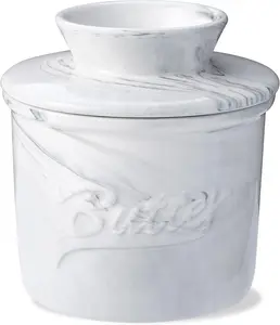 Ceramic Butter Crock with Lid, Marbled Butter Keeper for Spreadable Butter, Elegant Butter Dish for  and Kitchen Decor (White, Black)