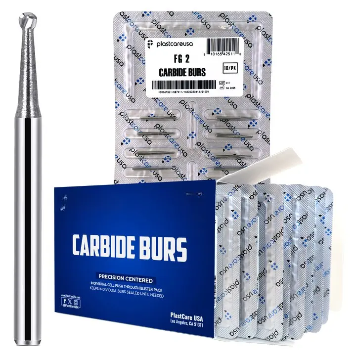 PlastCare USA FG 2 Round Clinical Length Carbide Burs - 100 Pack (10 Packs of 10) for High-Speed Handpieces