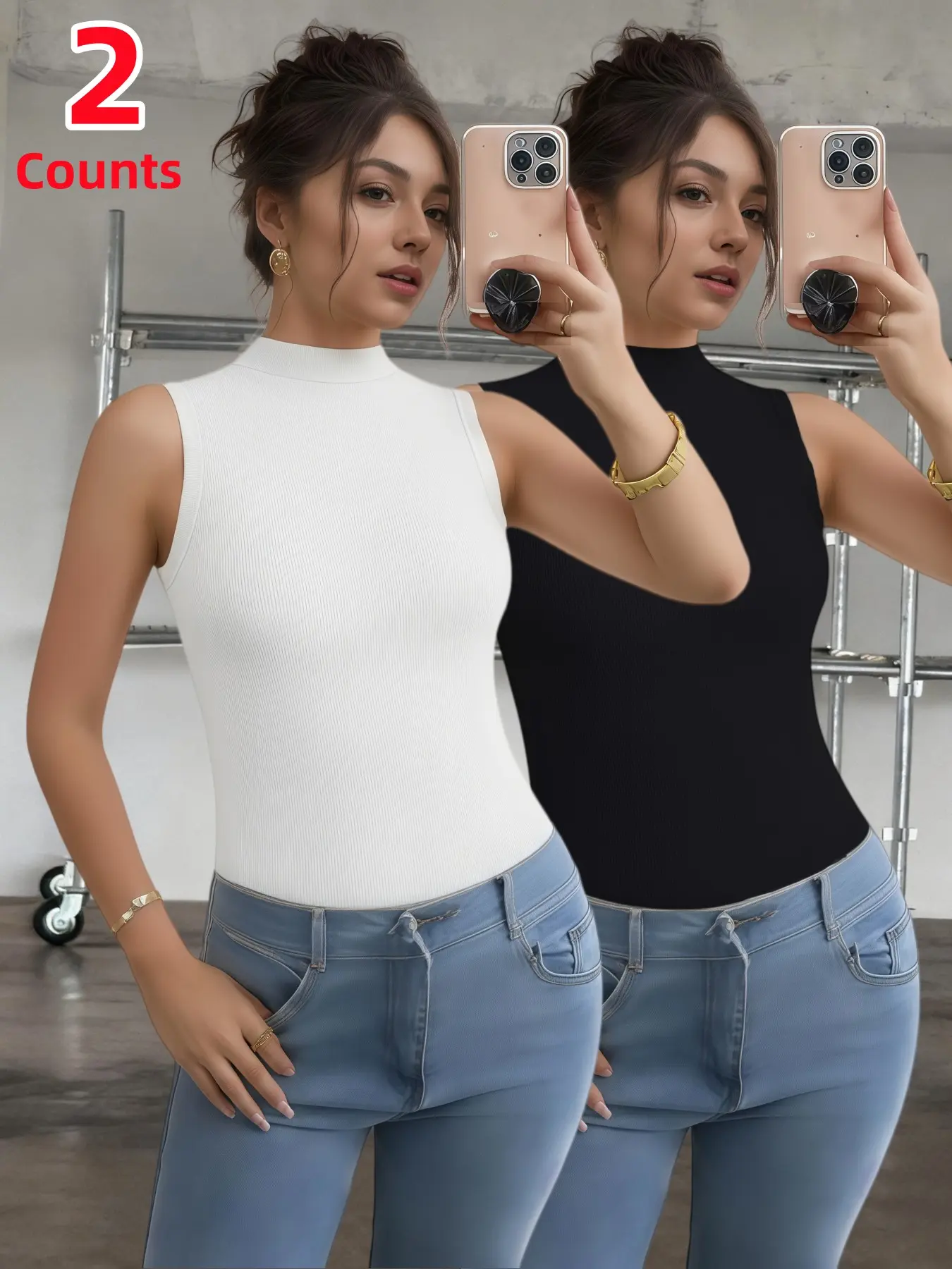 Women's High Neck Sleeveless Ribbed Vest Set, Casual Soft Elastic Fitted Top, Elegant Sleeveless Cami, Spring Summer Essential Basic T-Shirt, Casual Sleeveless Tops, 2 Piece Pack