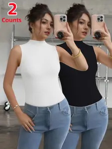 Women's High Neck Sleeveless Ribbed Vest Set, Casual Soft Elastic Fitted Top, Elegant Sleeveless Cami, Spring Summer Essential Basic T-Shirt, 2 Piece Pack