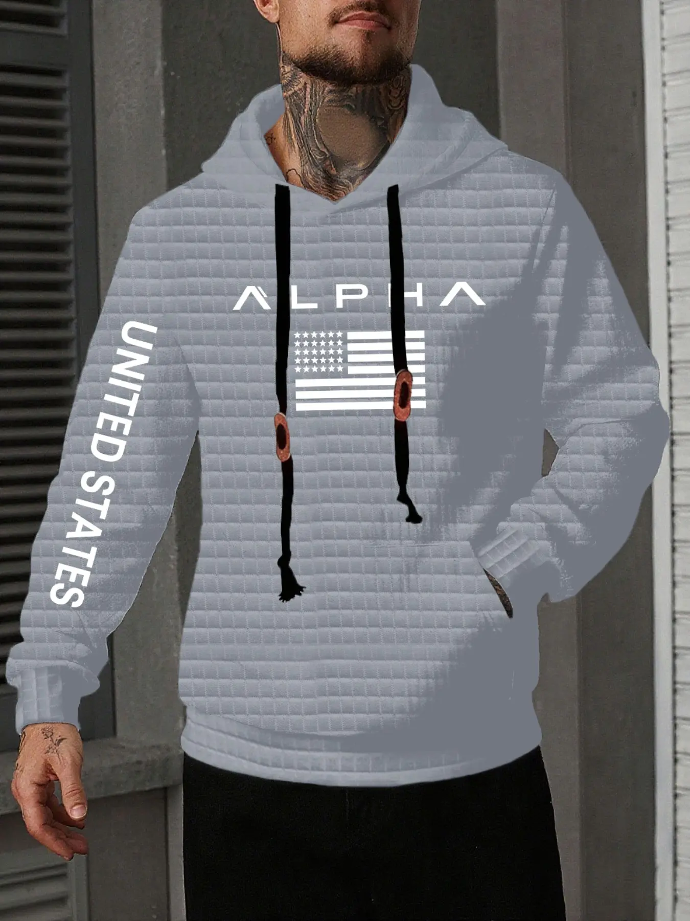 Men's Casual Fitted Hooded Sweatshirt, Classic Waffle Knit Pullover with Letter Print Design, Comfortable & Stylish Daily Wear Apparel, Graphic Hoodies, Casual Sports Hoodie