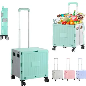 Foldable Utility Cart, Portable Rolling Crate Handcart with 360° Rotating Wheels, Detachable Lid, and Telescoping Handle, Collapsible Shopping Trolley for Travel, Office, Grocery, and Luggage Storage