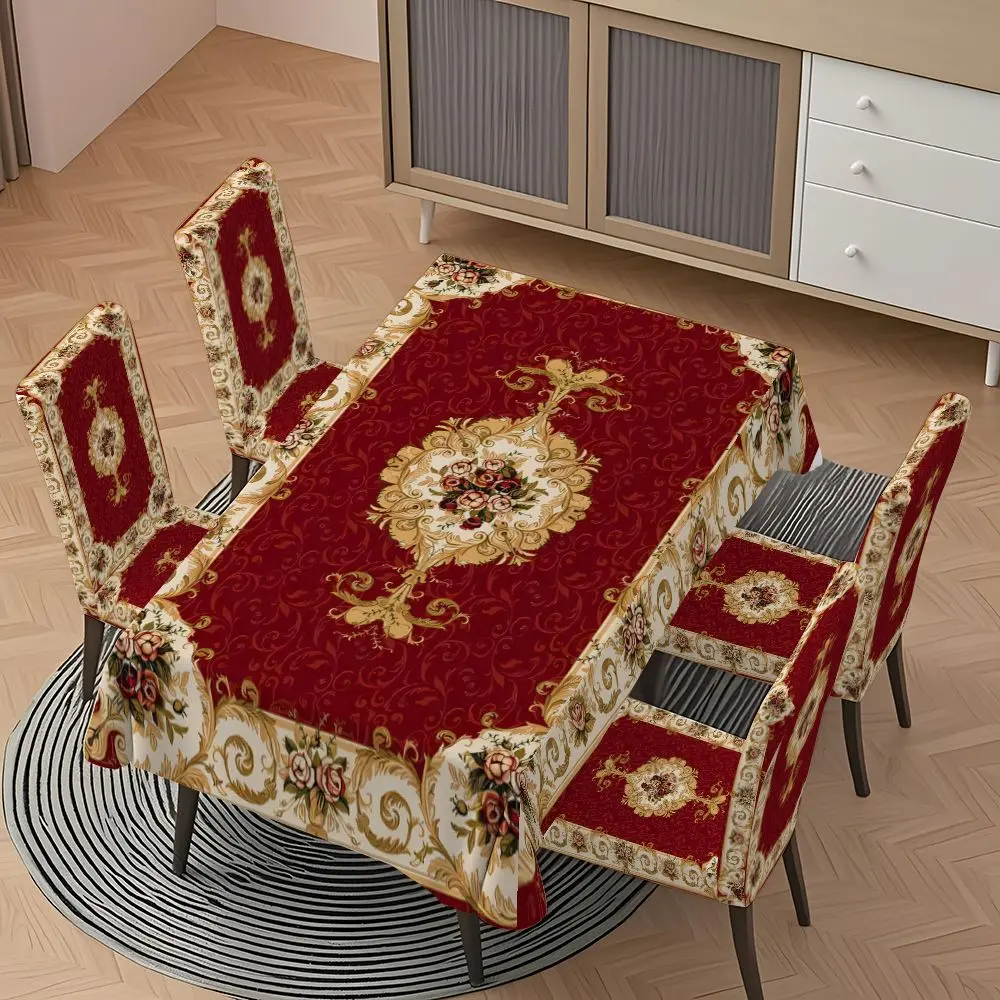 5/7-piece 2D Flat Printing Wine - red Floral Carpet Printing Pattern Tablecloth and Chair Cover Set, for dining table and chair decoration, perfect for home, holiday gatherings, restaurants, and parties, Dining Chair Slipcover