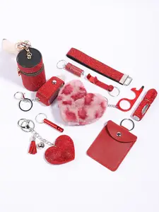 11-piece fashion red ladies rhinestone safety keychain suit wristband keychain with storage bag and pompom card bag accessories kit, women's safety keychain suit, key chain accessories, fashionable and sturdy material suitable for back-to-school season Va